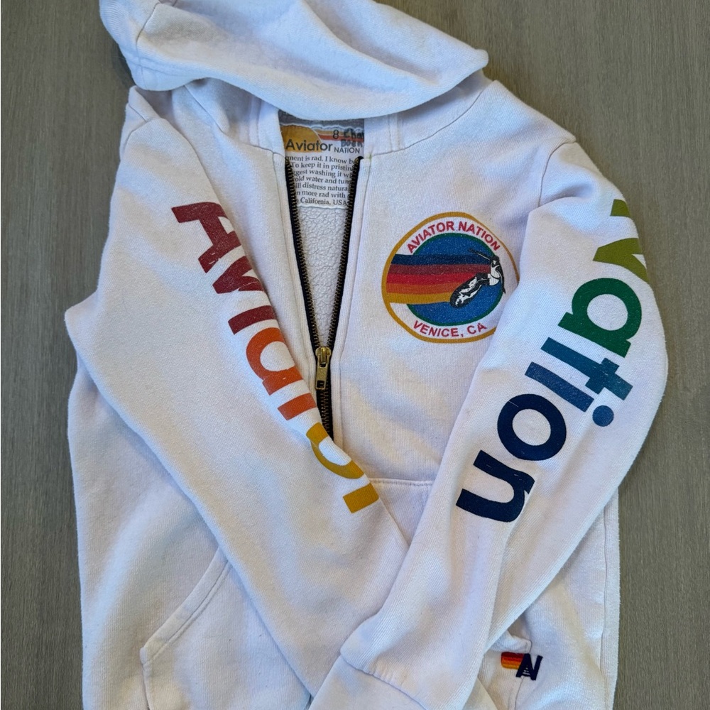 Aviator Nation White Hoodie with Rainbow Logo
